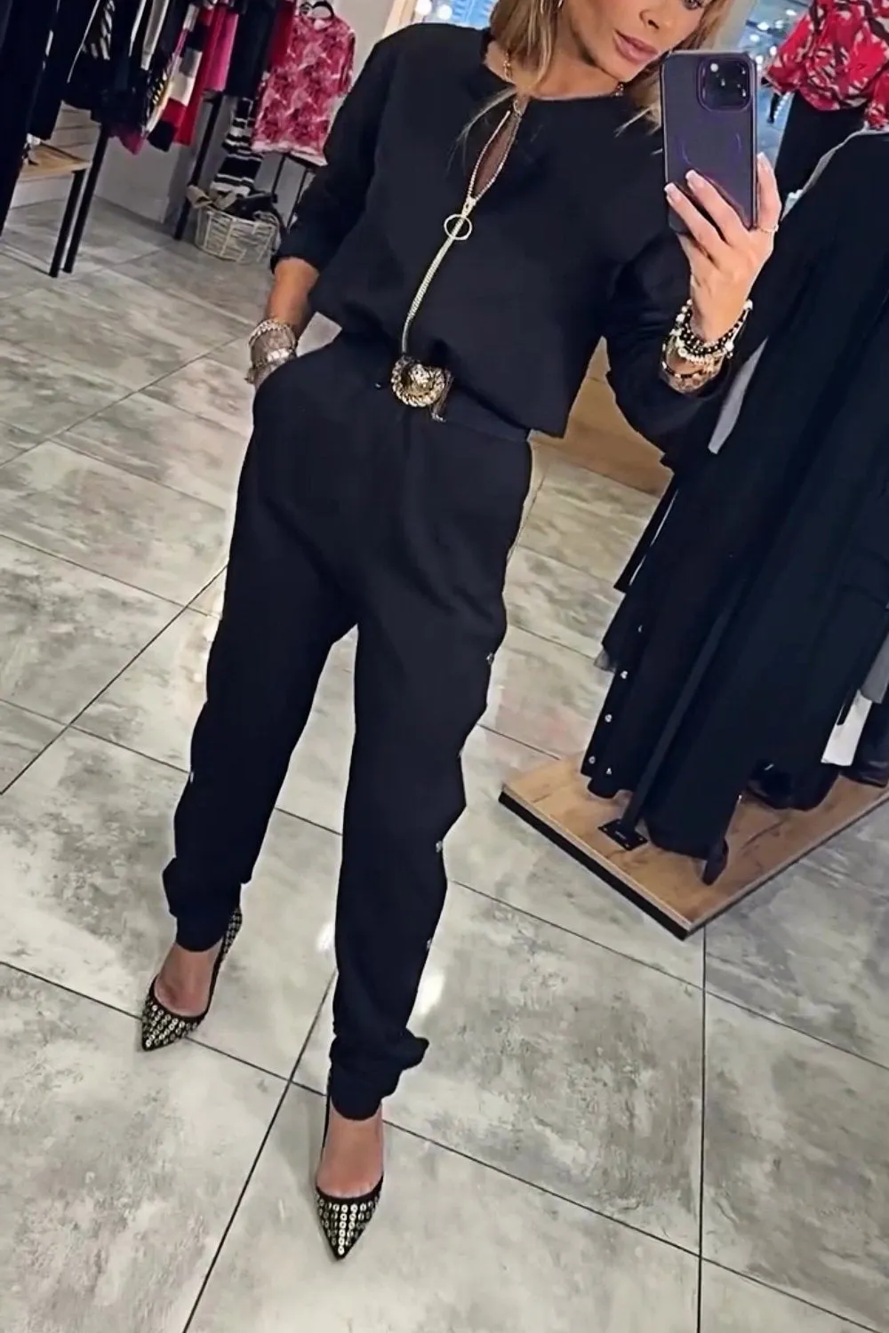 Women's Zipper Jacket & Slim Buttoned Trousers Two-piece Set